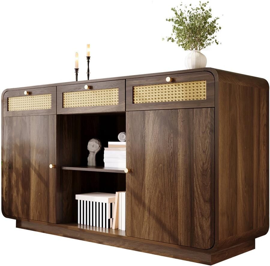 Merax Retro Sideboard 120 x 40 x 85 cm – Dressoir in Notenhout met Rattan Lades & Gouden Handgrepen – 3 Lades en 2 Kasten met Verstelbare Planken – Voor Woonkamer of Eetkamer