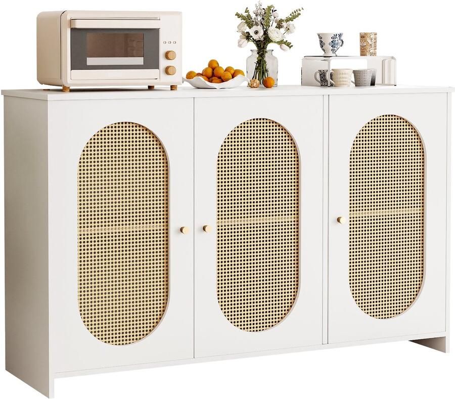 Merax Retro Sideboard – 125x38x78 cm – Witte Buffetkast met 3 Deuren – Opbergkast met Rattanlook en Metalen Handgrepen – Dressoir voor Woonkamer Keuken of Hal – MDF Kast met Verstelbare Planken