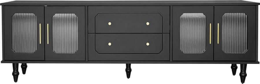 Merax Retro TV Meubel 175 cm – Zwart met Geribbeld Glas in Deuren en Gouden Handgrepen – Kast met 2 Lades