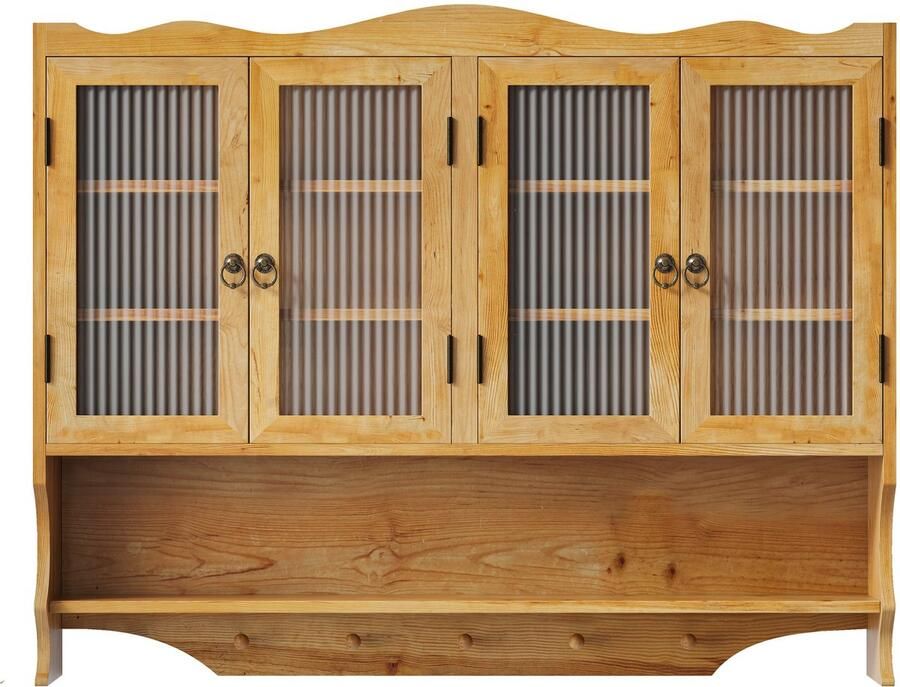 Merax Retro Wandkast 100CM 4 Deuren 2 Opslaglagen met Open Haakrek Voor Badkamer Keuken of Eetkamer Hout en Glas Natuurlijk