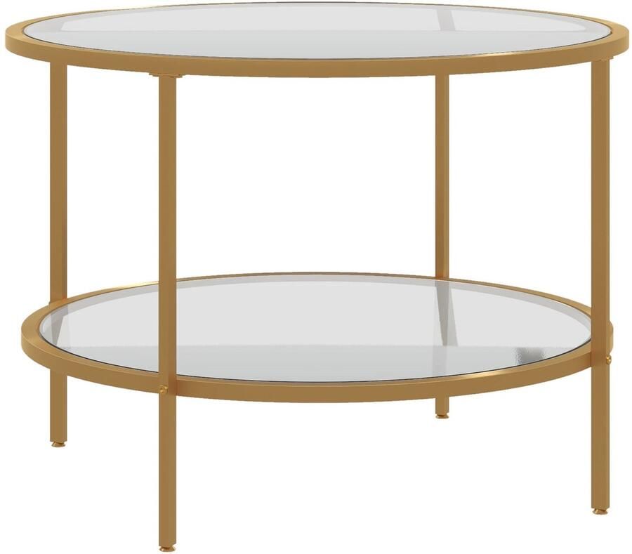Merax Ronde Bijzettafel met Opbergruimte – Glazen Salontafel met Metalen Frame – Ø60 x 43 cm – Goudkleurig – Modern Design – voor Woonkamer en Slaapkamer