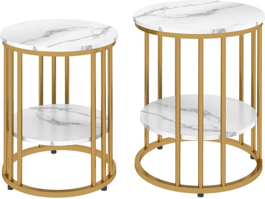 Merax Ronde Bijzettafel Set – 2-Delig – Salontafel Marmerlook Met Gouden Frame – 45x55 cm – Tafelset Voor Woonkamer Of Slaapkamer