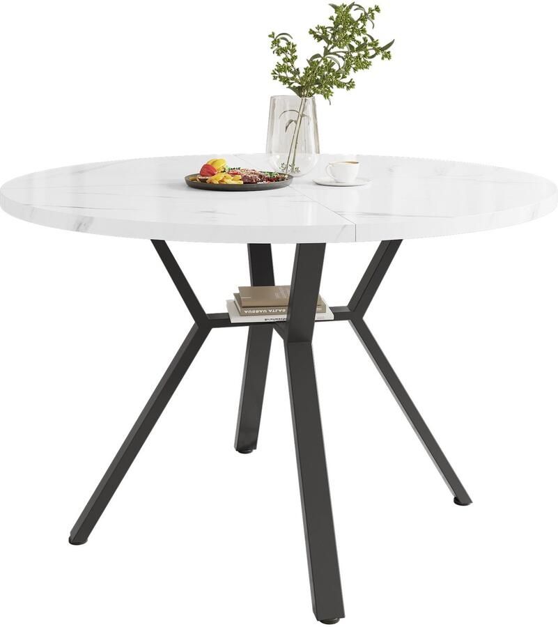 Merax Ronde Eettafel Ø100 cm – Marmerlook – Zwart X-onderstel – Industrieel