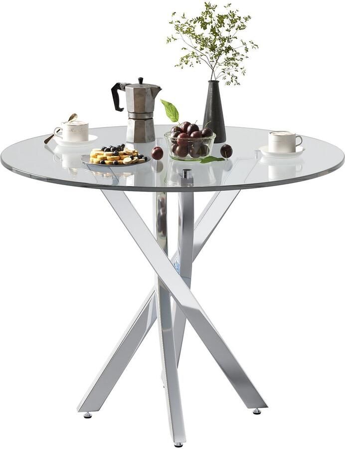 Merax Ronde Eettafel 80x80x75 cm Glazen Tafelblad Zilveren Metalen Poten Moderne Design Eettafel