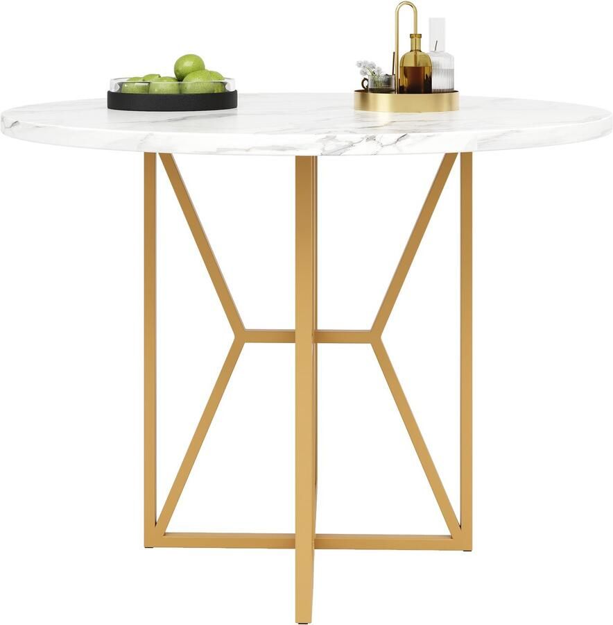 Merax Ronde Eettafel 80x80x76 cm Wit MDF Marmerlook Tafelblad met Gouden Poten Voor 4 tot 6 Personen