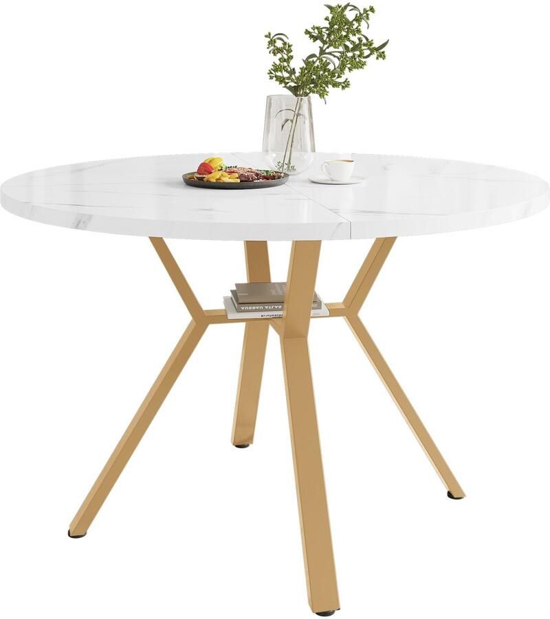 Merax Ronde Eettafel Marmerlook Wit Goud 100 cm Met Metalen Kruispoot