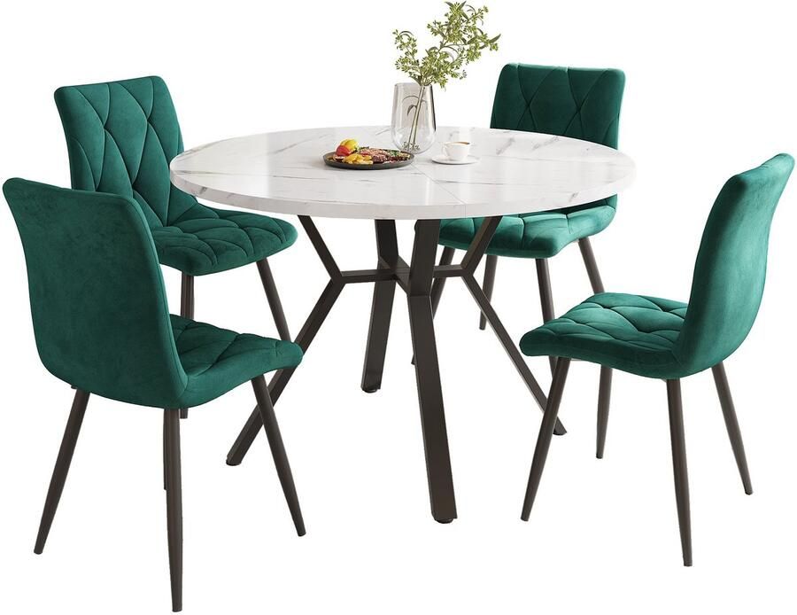 Merax Ronde Eettafel met 4 Eetkamerstoelen – Eettafelset – Wit Marmerlook Tafelblad – Zwart Metalen Onderstel – Groen Fluweel – Moderne 5-delige Eethoek