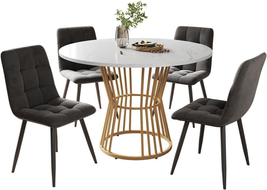 Merax Esstisch-Set (5-teilig) Esstisch-Set mit 4 Stühlen Küchentisch-Set runder Esstisch mit 100 cm Durchmesser und goldenen Metallbeinen weiße MDF-Tischplatte Esszimmerstühle aus dunkelgrau Samt