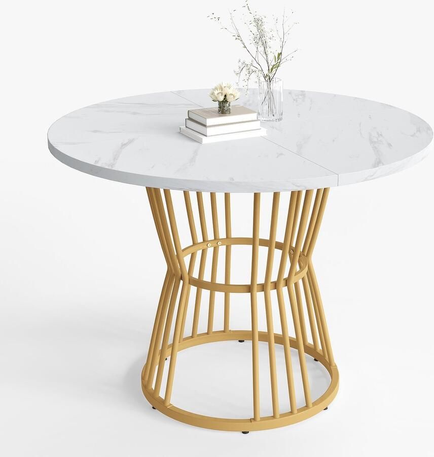 Merax Ronde Eettafel – Wit met Goud – Ø100 cm – Marmerlook MDF – Stabiel Metalen Onderstel – Moderne Eettafel