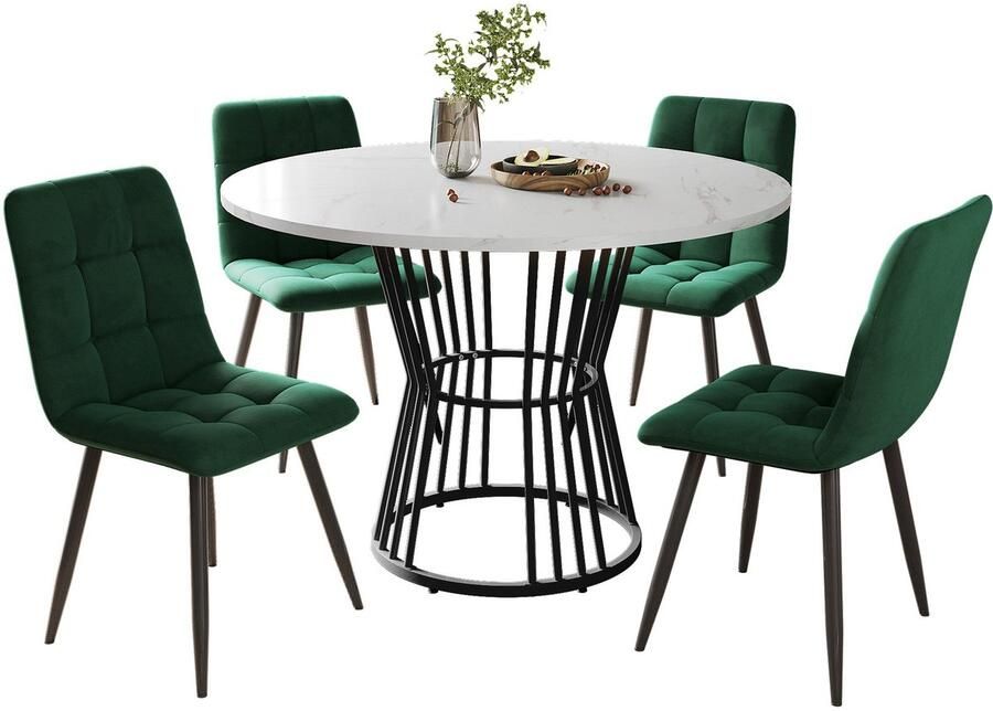 Merax Ronde Eettafelset – 5-Delig – Eettafel met Wit Marmerlook Tafelblad en 4 Groene Fluwelen Eetkamerstoelen – Zwarte Metalen Poten