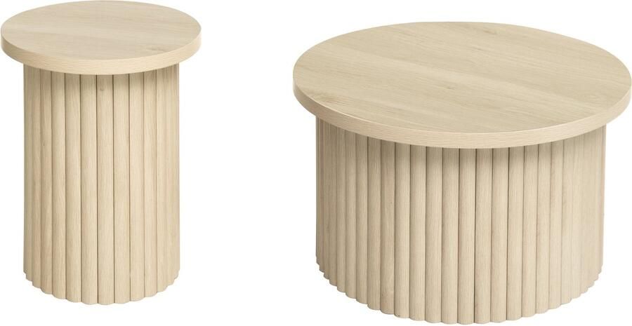 Merax Ronde Salontafel Set 2 Delig Bijzettafels in Houtlook met Uniek Golfpatroon Moderne Koffietafel voor Woonkamer Slaapkamer en Kantoor