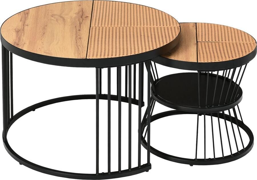 Merax Ronde Salontafel Set 2-Delig Moderne Satztafels voor Woonkamer Slaapkamer en Balkon Rattan Look MDF Bruin
