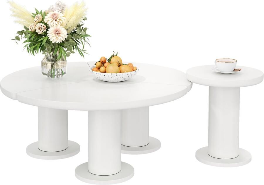 Merax Ronde Salontafel Set – 2-Delige Combinatie – 100 cm + 39 8 cm – MDF Tafelblad met PVC Poten – Moderne Crèmekleurige Salontafels