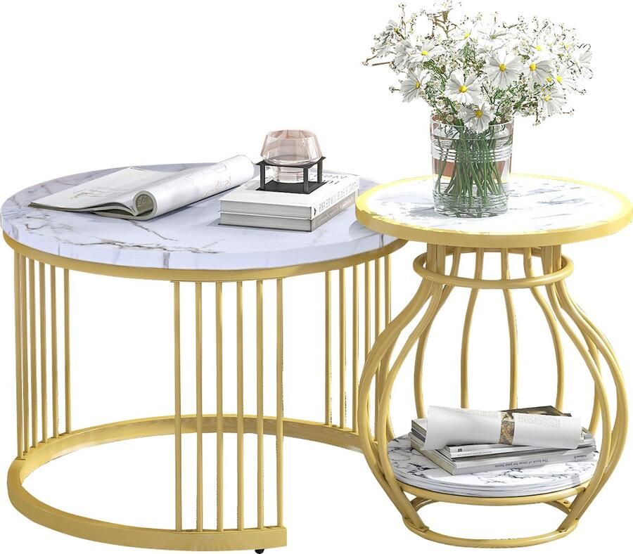 Merax Ronde Salontafel Set – 2-in-1 Tafelset met Marmerlook Blad en Goudkleurig Frame – Moderne Bijzettafels voor Woonkamer – 70 en 45 cm Diameter