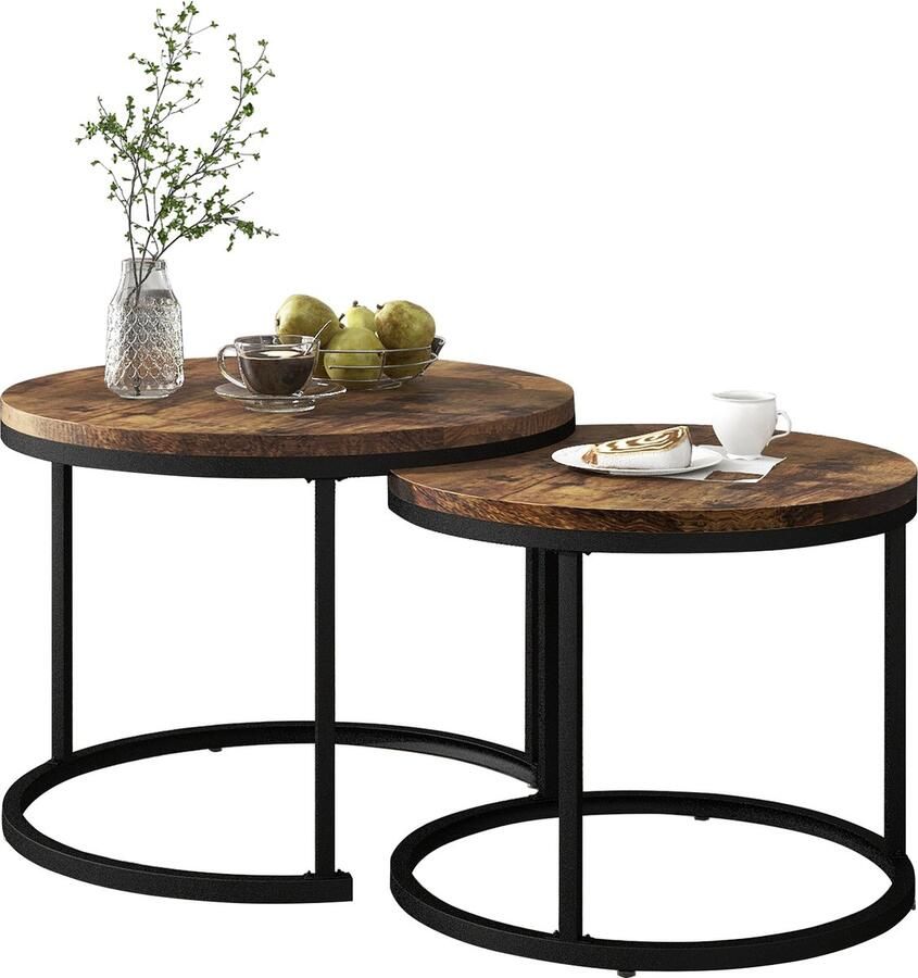 Merax Ronde Salontafel Set – 2-delige Bijzettafel Set Stapelbaar Design – Houtlook en Bruin – Moderne Nesttafels voor de Woonkamer - Foto 2