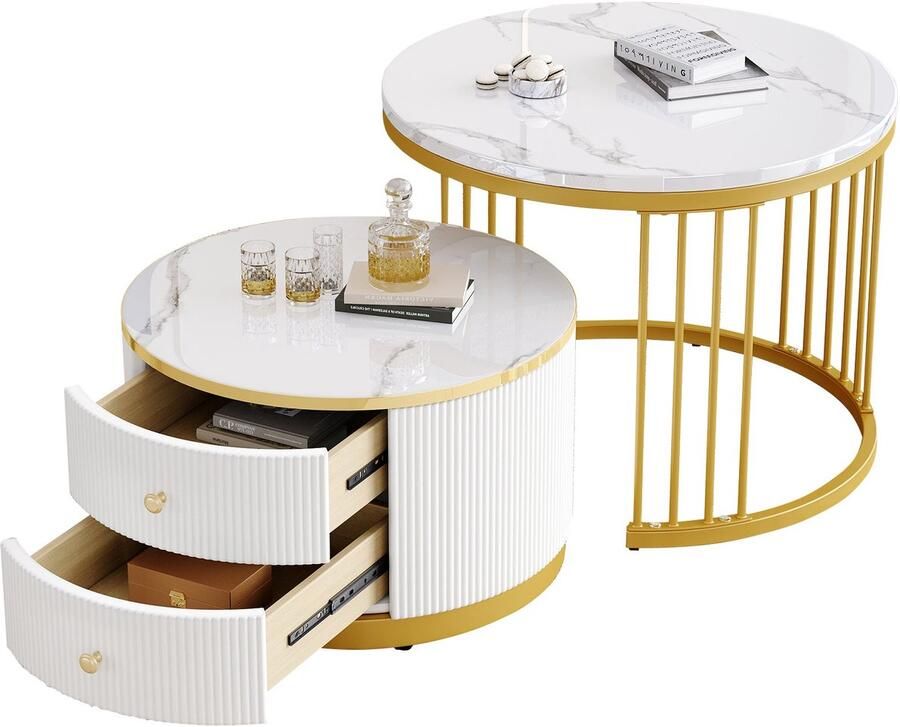Merax Elegante 2-Delige Nest Salontafel Set Witte Ronde Tafels 60x60x45.5 cm & 50x50x32 cm met Hoogglanzende Marmorlook en 2 Schubladen - Foto 2
