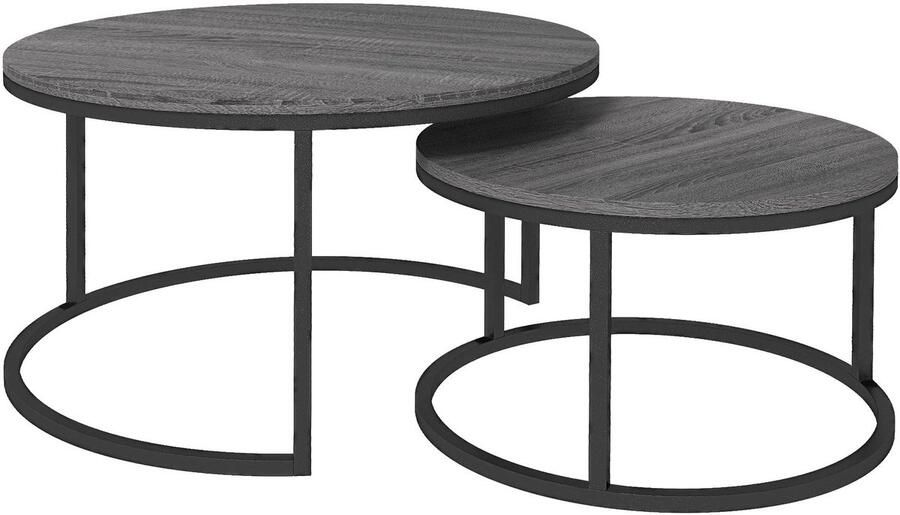Merax Ronde Salontafel Set Van 2 Stapelbare Bijzettafels Met Houtlook Blad En Zwart Metalen Frame Industrieel Koffietafelset Voor Woonkamer Of Slaapkamer 78x78x46 Cm