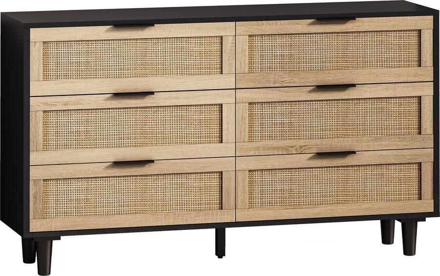 Merax Rattan Opbergkast Zwart – 130 cm Breed 6 Lades Modern Dressoir voor Slaapkamer en Woonkamer