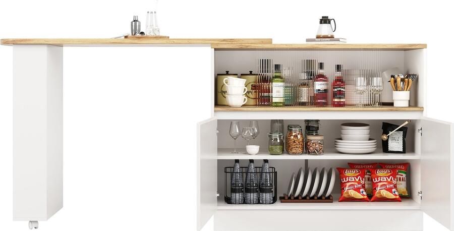 Merax Roterend Sideboard 90x45x100 cm – Witte 360° Draaibare Keukenkast met Glazen Schuifdeur en Multifunctionele Opbergruimte