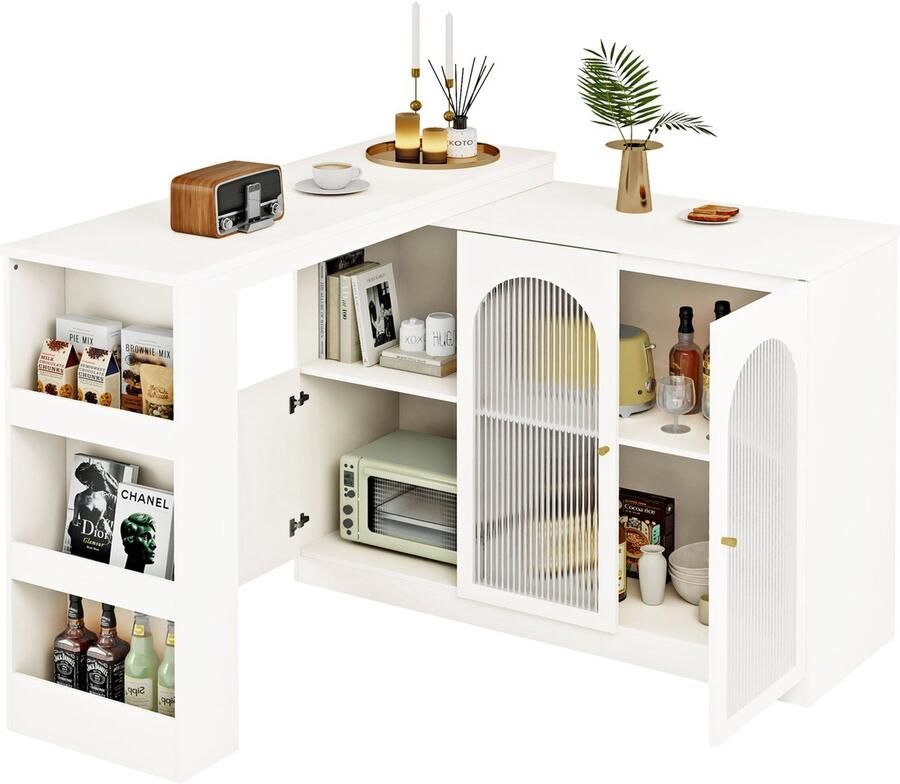 Merax Roterende Bartafel 120x40x97 cm – Moderne Witte Barschrank met 360° Draaibaar Design Glazen Deuren en Multifunctionele Opbergruimte