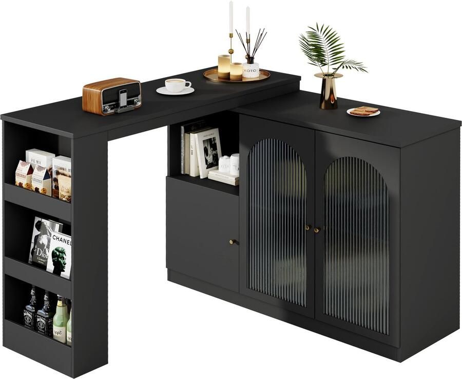 Merax Roterende Bartafel 120x40x97 cm – Moderne Zwarte Barschrank met 360° Draaibaar Design Glazen Deuren en Multifunctionele Opbergruimte