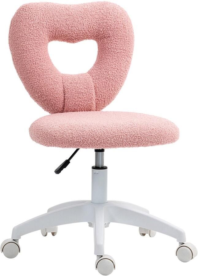 Merax Roze Bureaustoel zonder Armleuningen met Teddy Fleece en Hartvormige Rugleuning Verstelbare Schminkstoel voor Kantoor of Slaapkamer