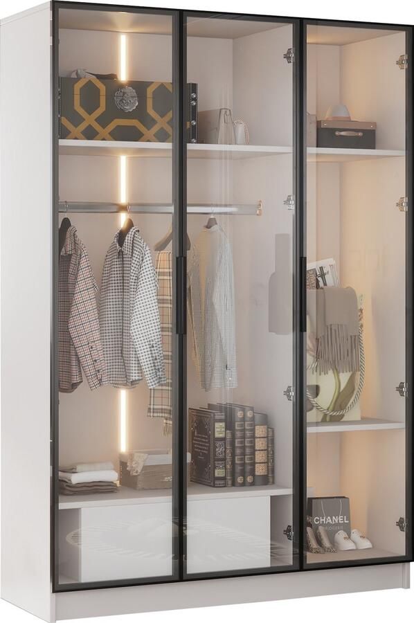 Merax Ruime Kledingkast met 3 Glazen Deuren 1 Schuiflade 1 Kledingroede en LED-verlichting – 110x50x160 cm – Wit