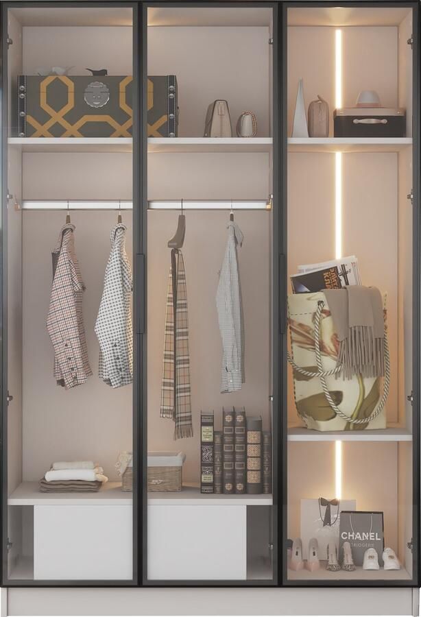 Merax Ruime Kledingkast met 3 Glazen Deuren 1 Schuiflade 1 Kledingroede en LED-verlichting – 110x50x160 cm – Wit - Foto 2