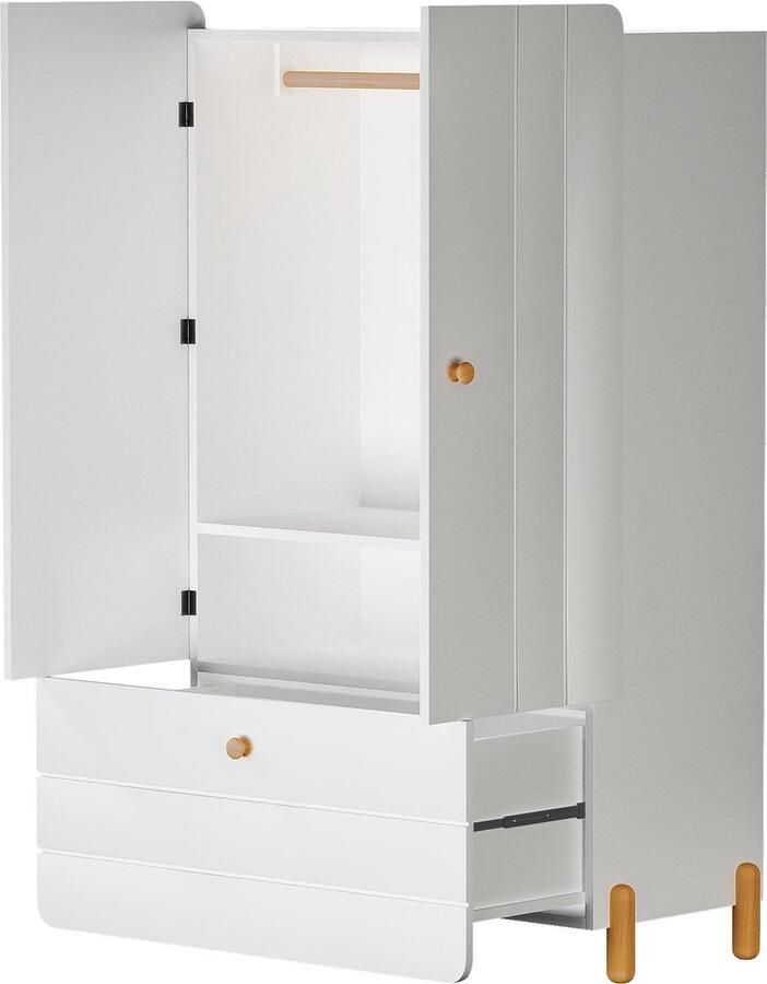 Merax Ruime Kledingkast met Minimalistisch Ontwerp Opbergvakken Lades en Kledinghanger Houtkleurige Poten Wit