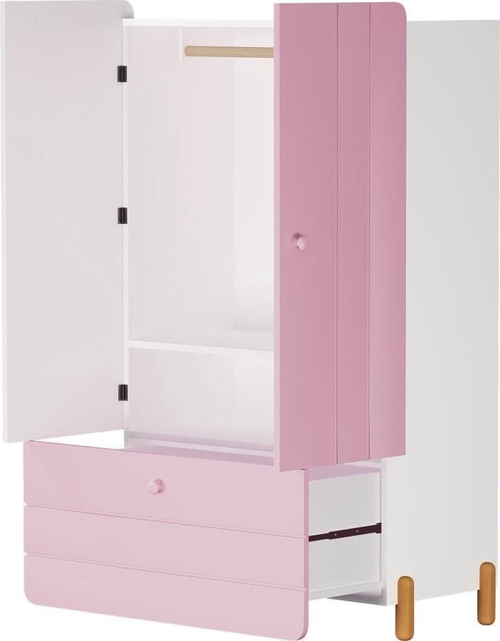 Merax Ruime Kledingkast met Minimalistische Lijnen en Houten Poten Met Planken Lades en Kleerhanger Kleurblokontwerp Roze