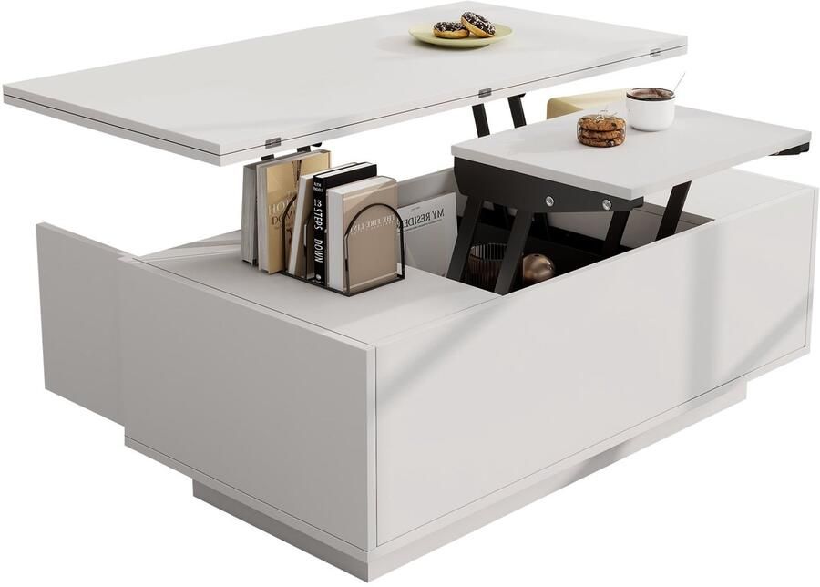 Merax Salontafel Met Dubbele Liftfunctie En Verstopte Opbergruimte Verstelbare Woonkamertafel In Wit 100x50x43 Cm Tot 50 Kg Draagkracht