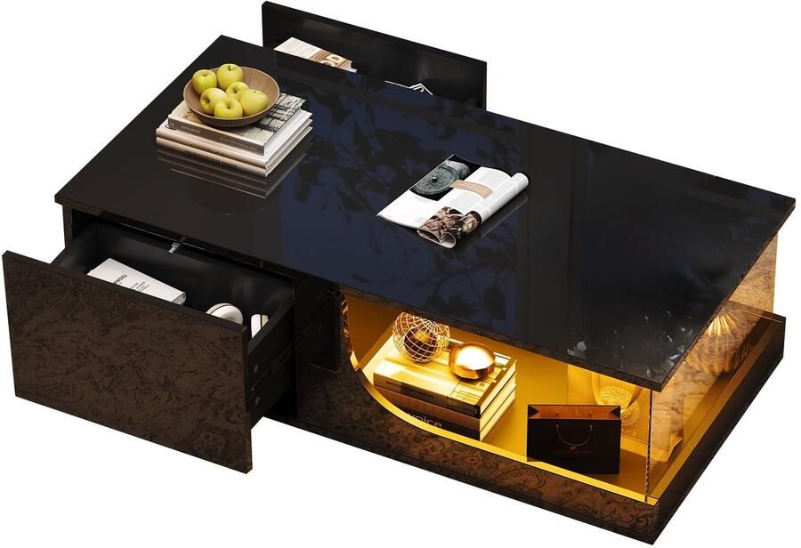 Merax Salontafel 100x50x30 cm Zwarte Hoogglans Koffietafel met 2 Lades en LED Verlichting Tafelpblad van Gehard Glas Moderne Woonkamertafel van MDF Design Bijzettafel met App-besturing
