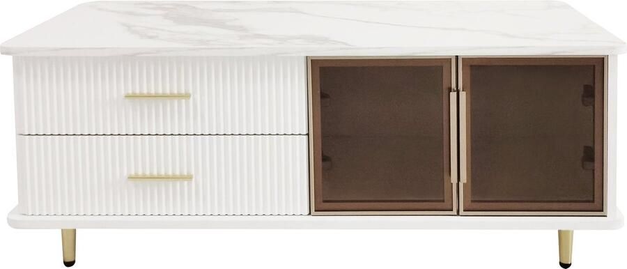 Merax Salontafel 100x50x40 cm – Marmerlook Tafelblad met LED-Verlichting en Glazen Deuren – Gouden Handgrepen en Golvende Lades – Moderne Woonkamertafel met Opbergruimte - Foto 2