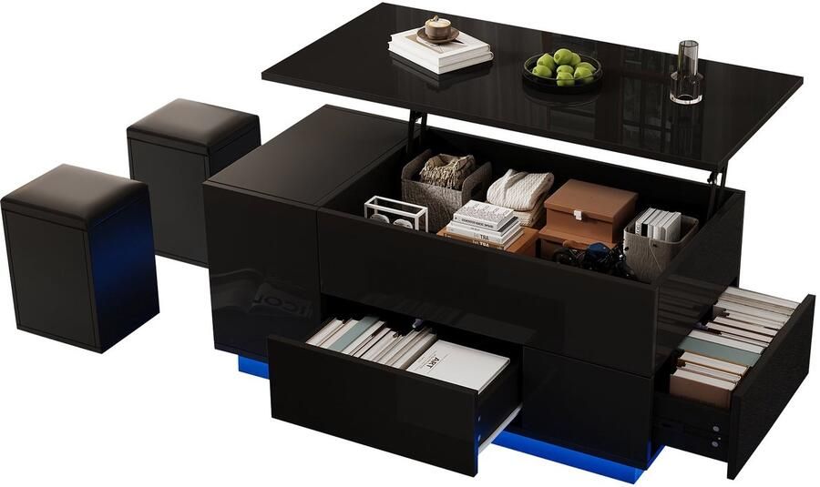 Merax Salontafel 4-in-1 Verstelbare Hoogglans Koffietafel met LED Verlichting 100x50x45 cm Met 2 Laden Versteckte Opbergruimte en 2 Opbergkrukjes Zwart Moderne Bijzettafel voor Woonkamer