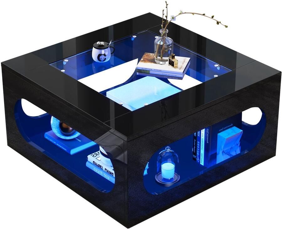 Merax Salontafel 70 x 70 x 35 cm – Vierkante LED Salontafel met Gehard Glazen Blad en Open Opbergruimte – Moderne Hoogglans Zwarte Tafel van MDF