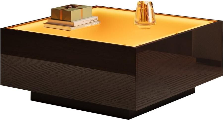 Merax Salontafel 70x70x36 cm – Zwarte Glazen Tafel met LED-Verlichting – Modern Vierkant Koffietafel & Bijzettafel voor Kleine Woonkamers