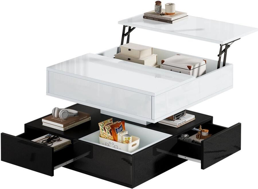 Merax Salontafel 70x70x40 cm Woonkamer Tafel met 360° Draaibaar Tafelblad Verstelbare Lift-Top Functie 3 Lades en Verborgen Opbergruimte Hoogglans Wit Zwart