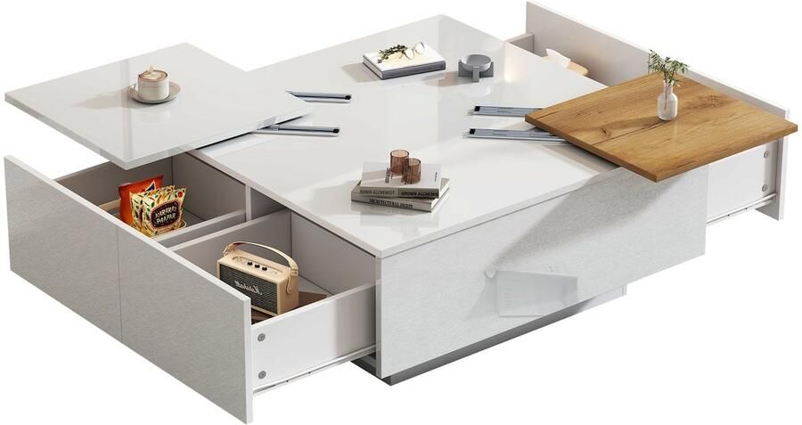 Merax Vierkante Salontafel – 75x75 cm – Hoogglans Wit met Houtlook – Verplaatsbare Bladpanelen en 4 Lades – Modern Design met Opbergruimte