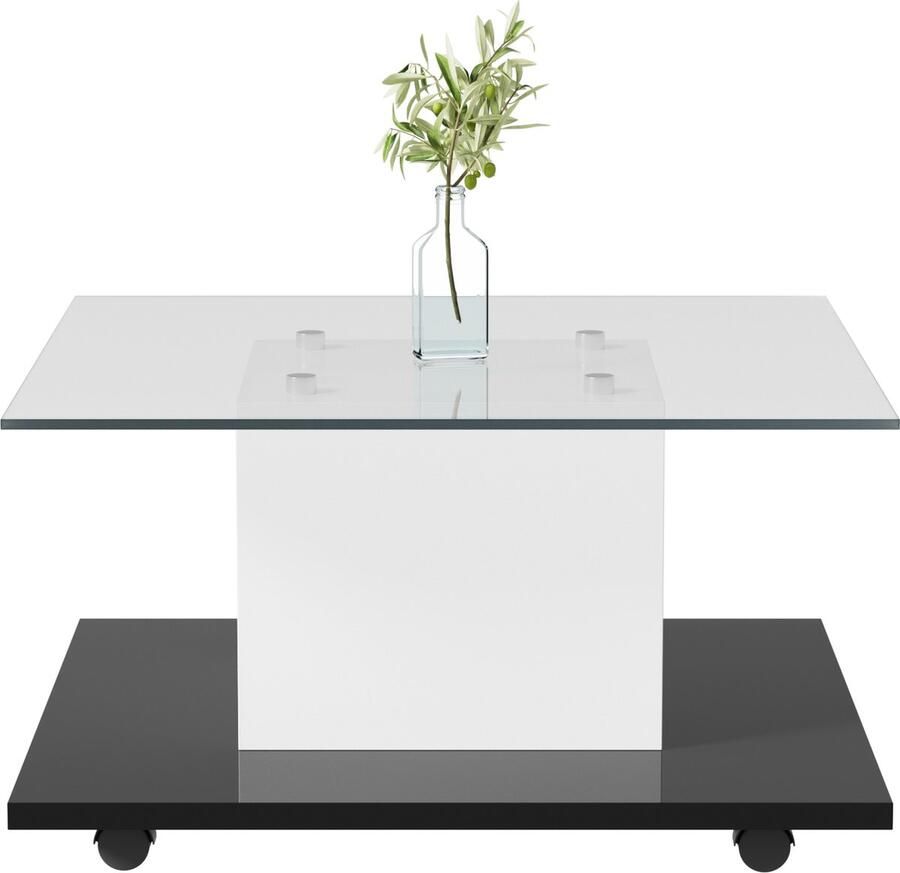 Merax Salontafel 80x80x40 cm – Hoogglans Glazen Tafel met LED-Verlichting – Verrijdbare Tafel met Zwenkwielen en Rem – Zwart met Wit Design - Foto 2