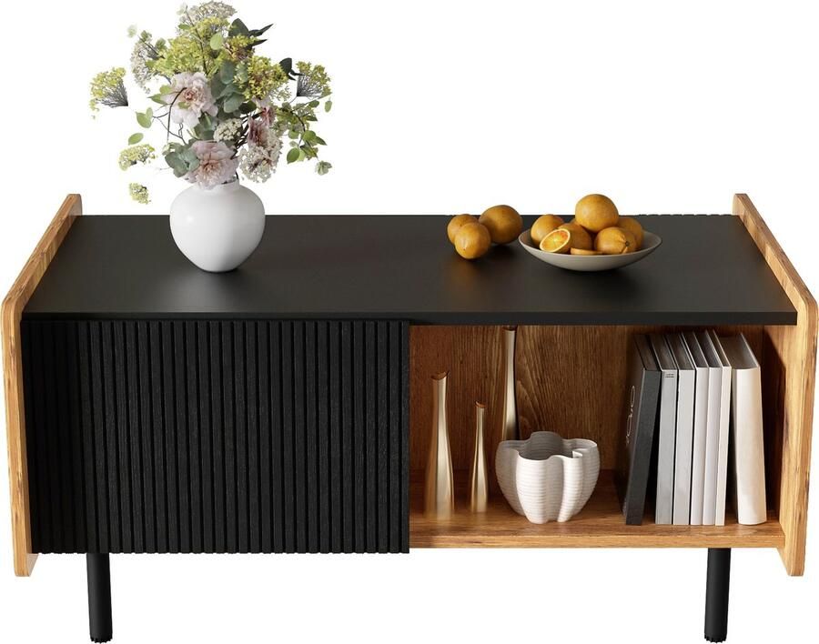 Ulife 90 cm zwarte en houtkleurige salontafel – moderne stijl twee open vakken en twee deuren dempende scharnieren