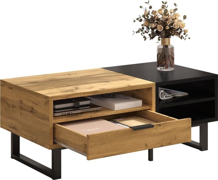 Merax Salontafel Elegante Kleurblokstructuur met Lade en Open Vakken Bijzettafel Bruin met Zwart - Foto 2