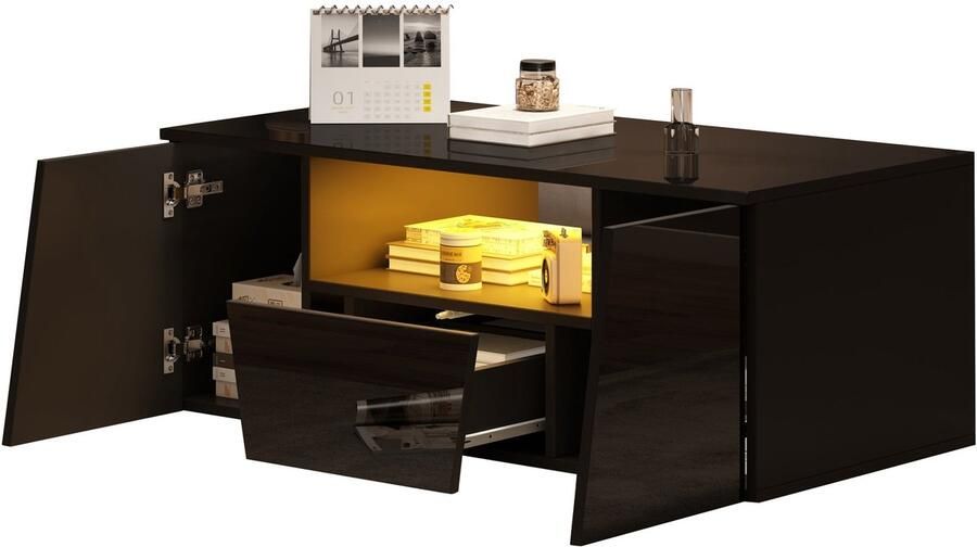 Merax Salontafel Hoogglans Koffietafel met LED Verlichting 100x50x40 cm Met 2 Kastjes en 1 Lade Zwart Moderne Bijzettafel voor Woonkamer