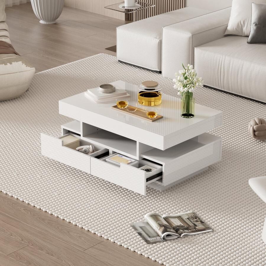Merax Couchtisch Hochglanzoberfläche mit LED-Lichtleiste vier Schubladen vorne und hinten großer Stauraum - Foto 2