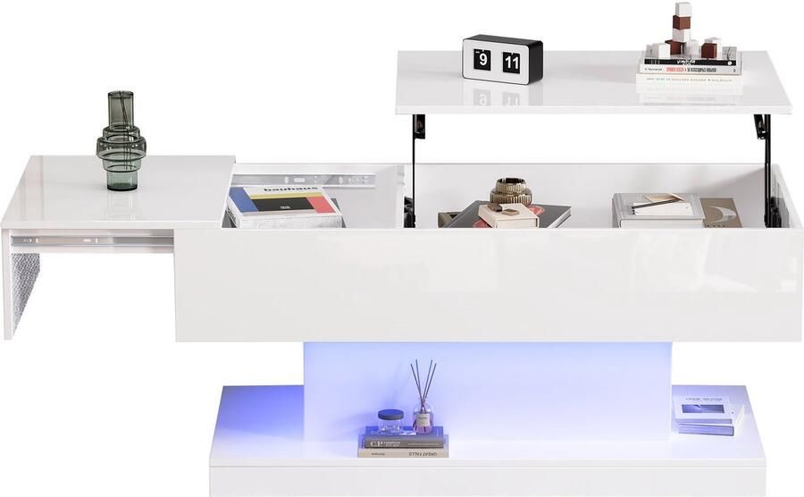 Merax Salontafel Hoogglans Wit – 100x50 cm – LED – Opbergruimte Hydraulisch Verstelbaar Tafelblad