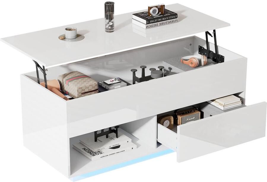 Merax Salontafel Hoogglans Wit 100x50x55 cm – Lift-Top Tafel met LED Verlichting en Opberglade – Moderne Woonkamer Tafel met Opbergruimte