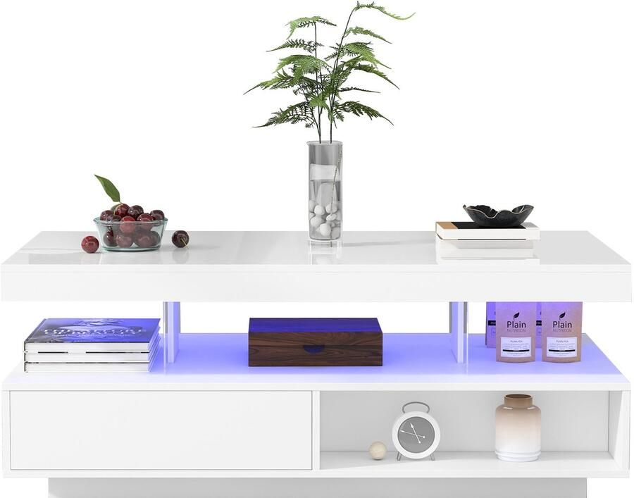 Merax Salontafel Hoogglans Wit 95x50x42 5 cm – 4 Glaspanelen – 2 Lades & 2 Open Vakken – Modern Design – Eenvoudige Montage