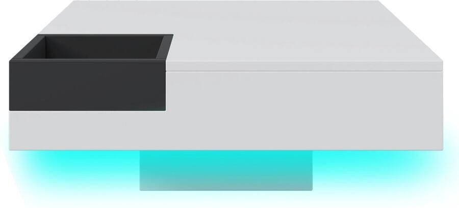 Merax Salontafel – Hoogglans Wit met Zwart Vierkante Bijzettafel met Verwijderbare Opbergbox en LED-verlichting 72x72x30 cm