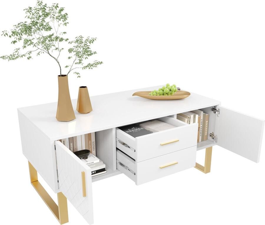 Merax Salontafel Hoogglans Wit met Gouden Accenten Moderne Bijzettafel met Opbergruimte