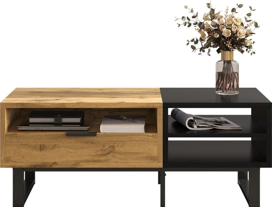 Merax Salontafel Elegante Kleurblokstructuur met Lade en Open Vakken Bijzettafel Bruin met Zwart