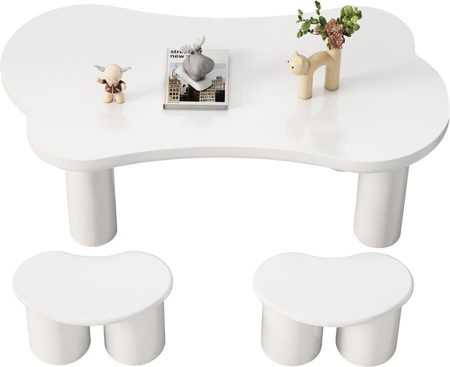 Merax Onregelmatige Salontafel in Botvorm met 2 Kleine Banken Grote Salontafel 113 x 58 x 40 5 cm Witte MDF Tafelblad met PVC Poten en Filz Onderzetters